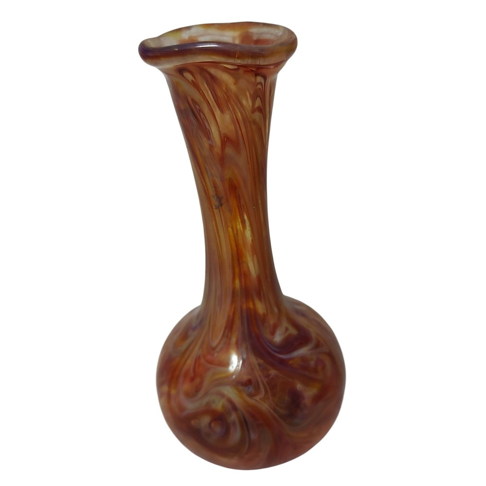 Hand Blown Glass Mini Vase With Orange Swirl Design Vintage 4.5 Inches